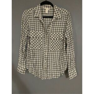 H&M Ivory Grey Modal Plaid Checked Long Sleeve Button Front Blouse Size 10